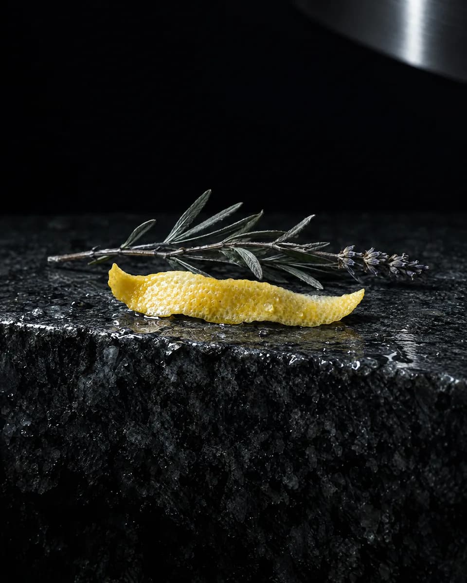 Zitronenschale und ein getrockneter Lavendelstiel auf nassem dunklem Granit, kaltes Seitenlicht (Visualisierung)