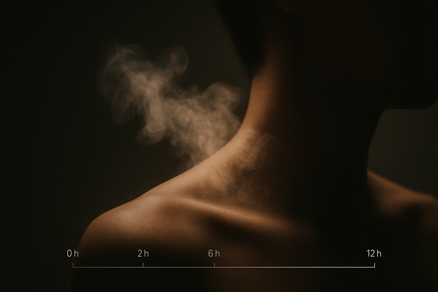 Dunkler Hintergrund; feine, im Licht sichtbare Duftwolke; ruhig und zeitlos.