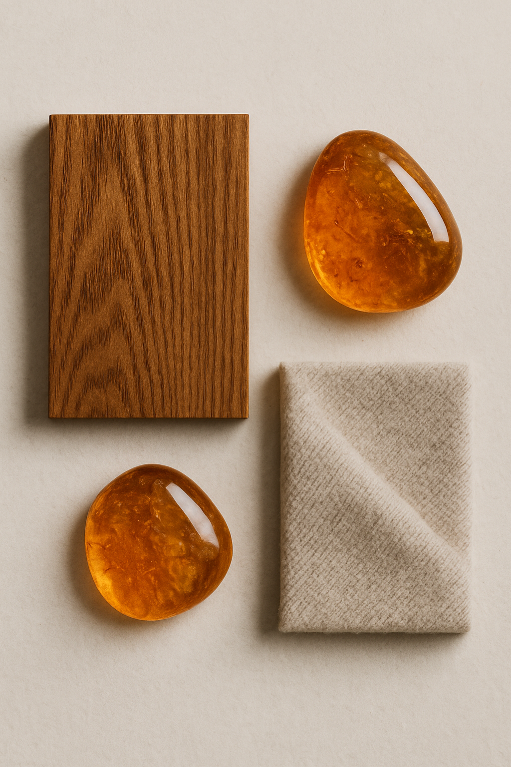 Flatlay: Holzfragment (Zeder/ISO-Assoziation), Bernsteinharz (Ambroxan-Assoziation), Kaschmirtextil (Cashmeran-Gefühl) im natürlichen Licht