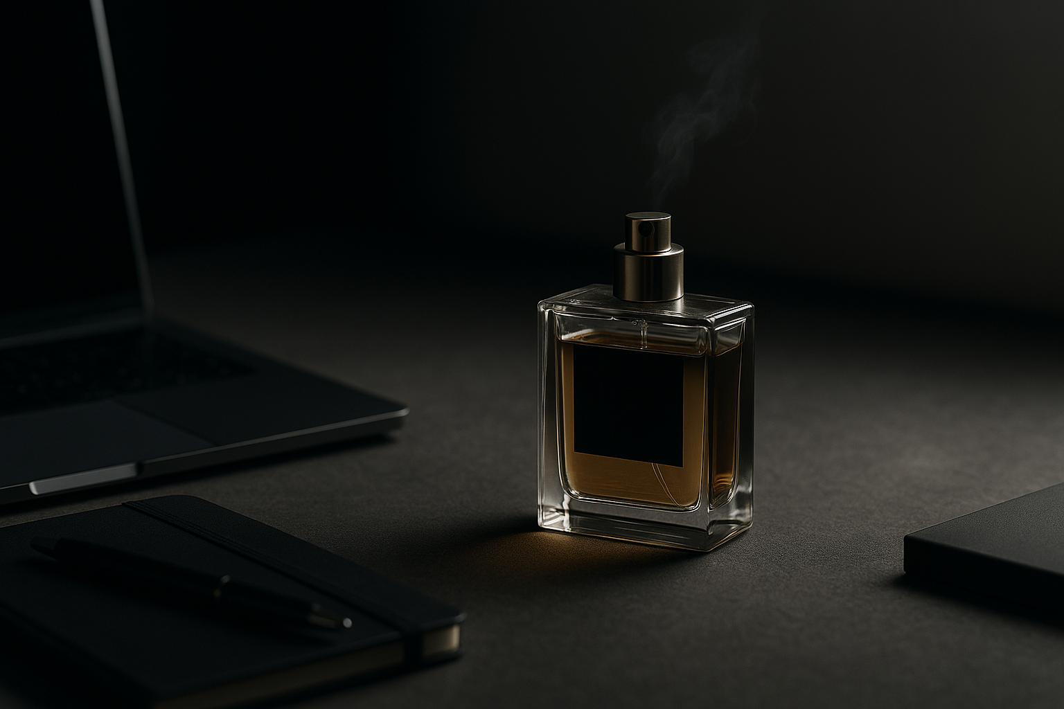 Dark field; a soft fragrance plume in a narrow light beam; calm, timeless.